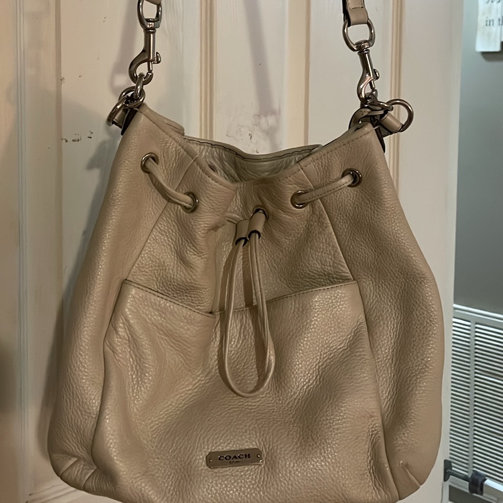 Coach Cream Leather Hobo with Drawstring Closure